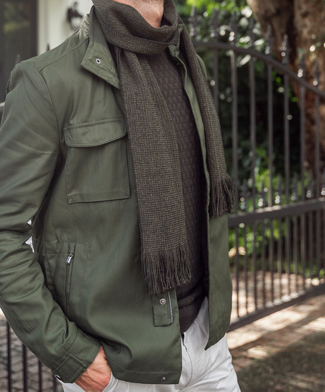 The suave utilitarian look featuring the Kinglake Utility Jacket in detail The suave utilitarian look featuring the Kinglake Utility Jacket in detail