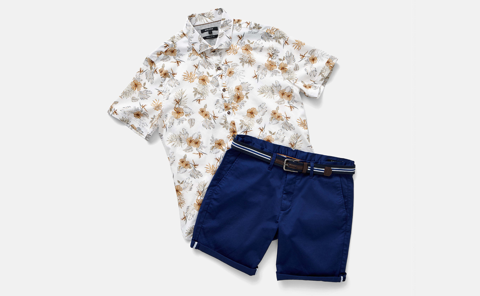 short sleeve tropical button down shirt and chino short