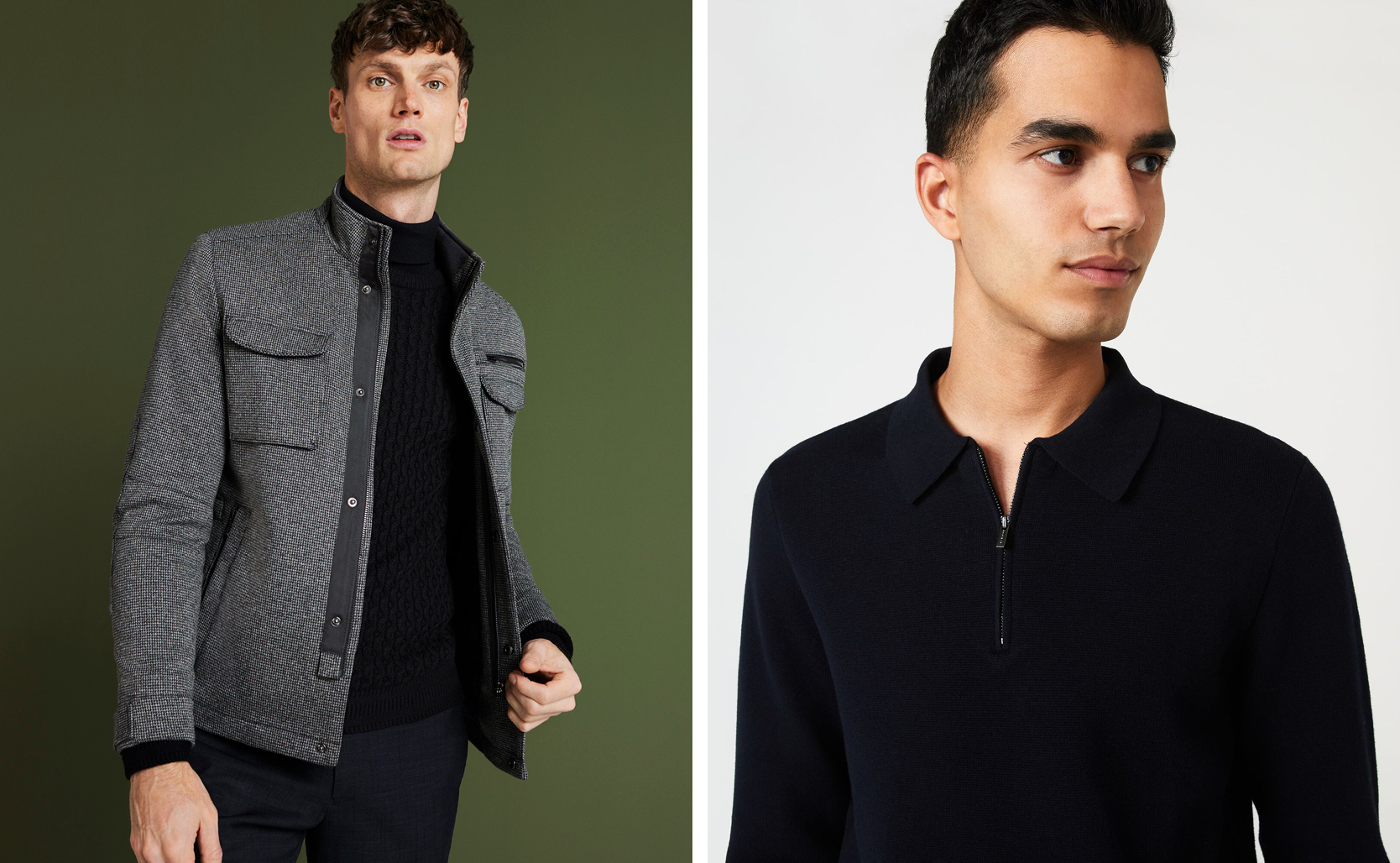 POLITIX Party Knitwear Models wearing POLITIX Dezra Roll Neck eith Jacket and Halston Knit
