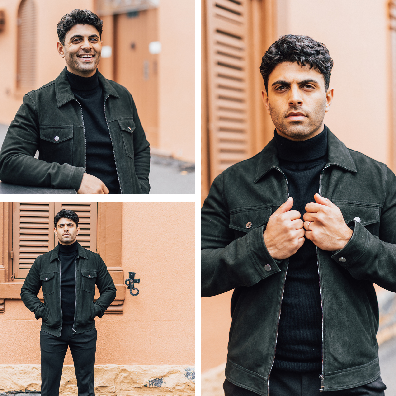 Amir Manoly wearing look featuring Green Suede Trucker Jacket Amir Manoly wearing look featuring Green Suede Trucker Jacket