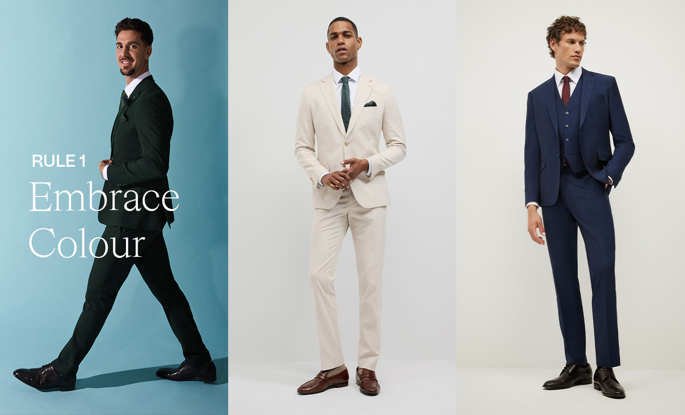 Three men wearing tailored POLITIX suits in deep green, natural check, and classic navy tones. Text overlay reads ‘Rule 1: Embrace Colour.’ The image showcases how to introduce lighter and fresher hues into spring suiting.