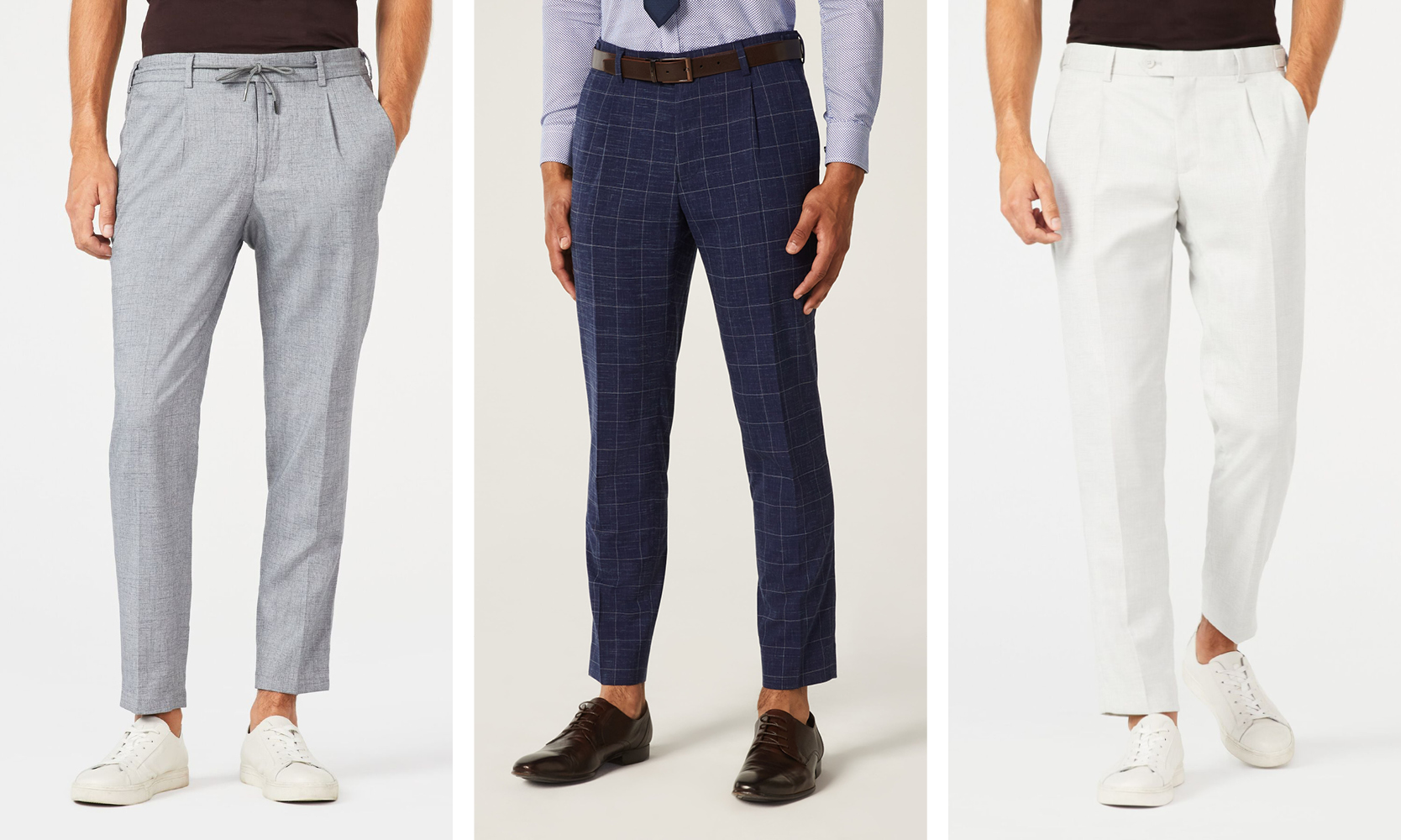 Collage of POLITIX pants: Rourke Tailored Suit Pant, Loggans Tailored Suit Pant and Trevon Tailored Suit Pant 