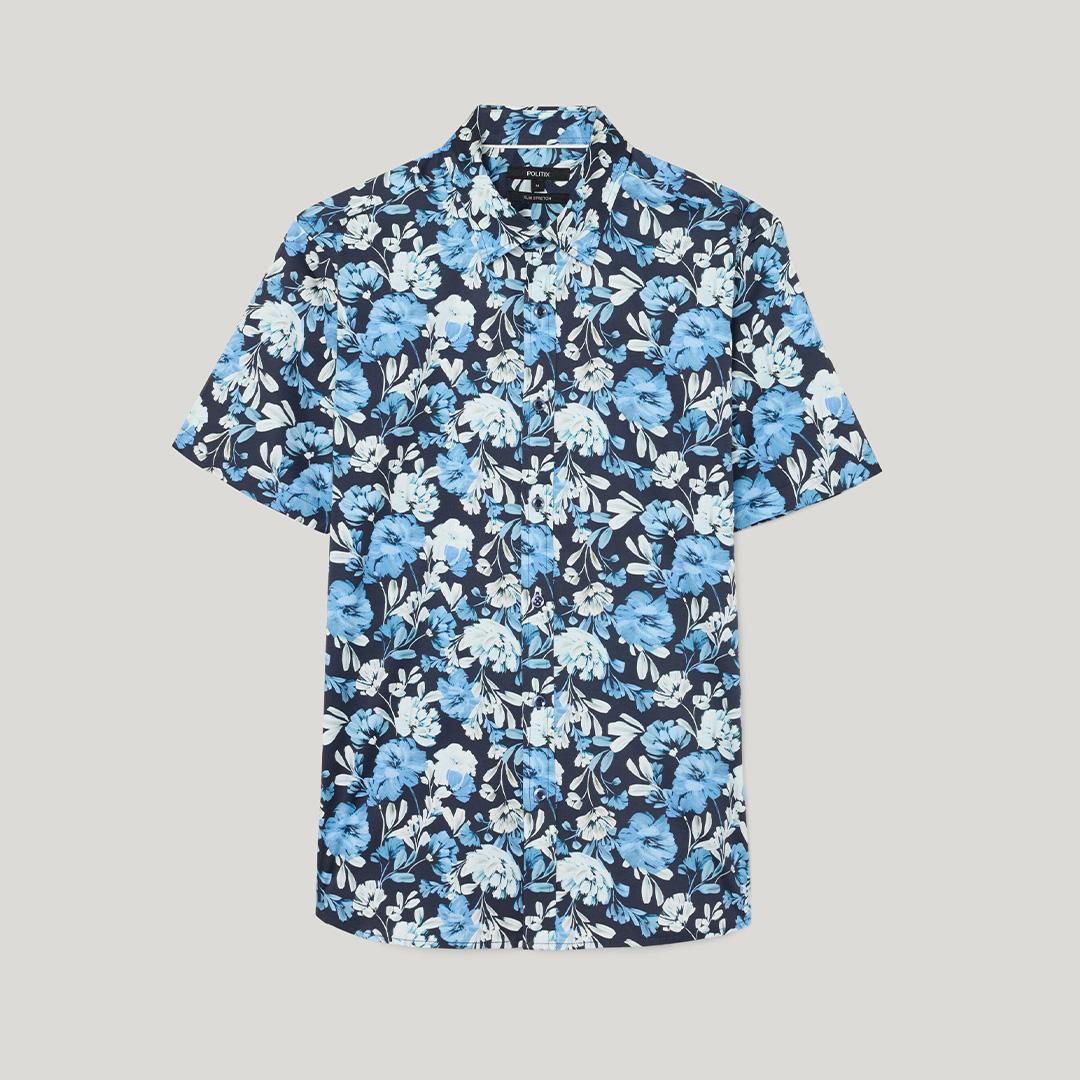 Men’s short sleeve painted floral shirt with blue brush-stroke print on a dark base.