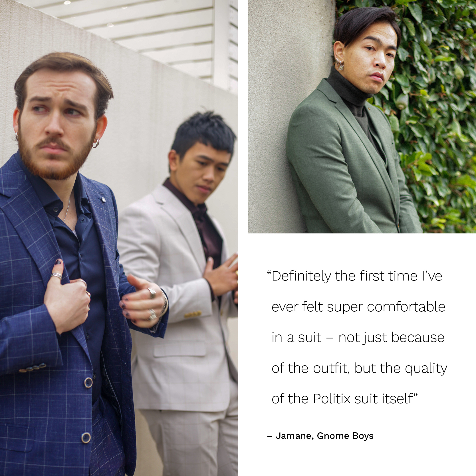 Collage of Gnomeboys Jamane, Chris and Nathan wearing POLITIX suits in blue check, stone and green POLITIX suits