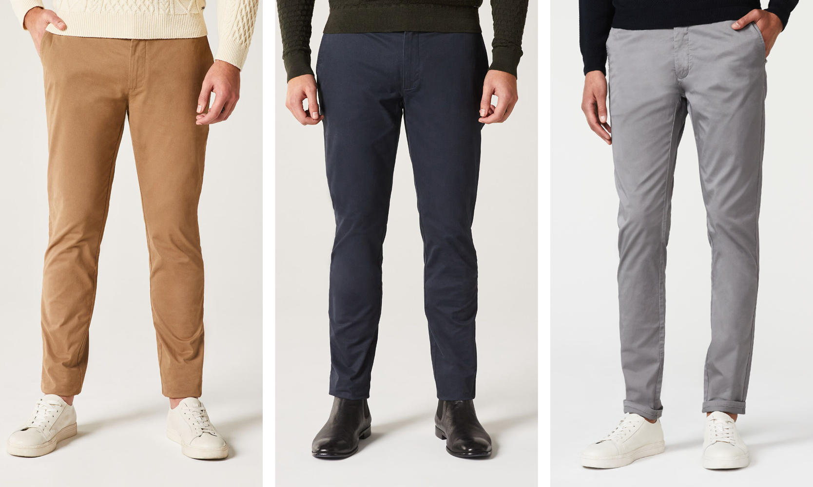 Collage image of different POLITIX chinos in grey, brown and navy