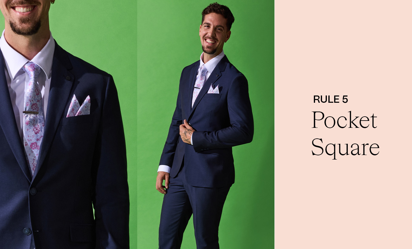 Thanasi Kokkinakis wearing a navy POLITIX suit with a white shirt, floral tie, and matching pocket square against a green backdrop. Text overlay reads ‘Rule 5: Pocket Square,’ highlighting how small details add polish and personality to spring tailoring.