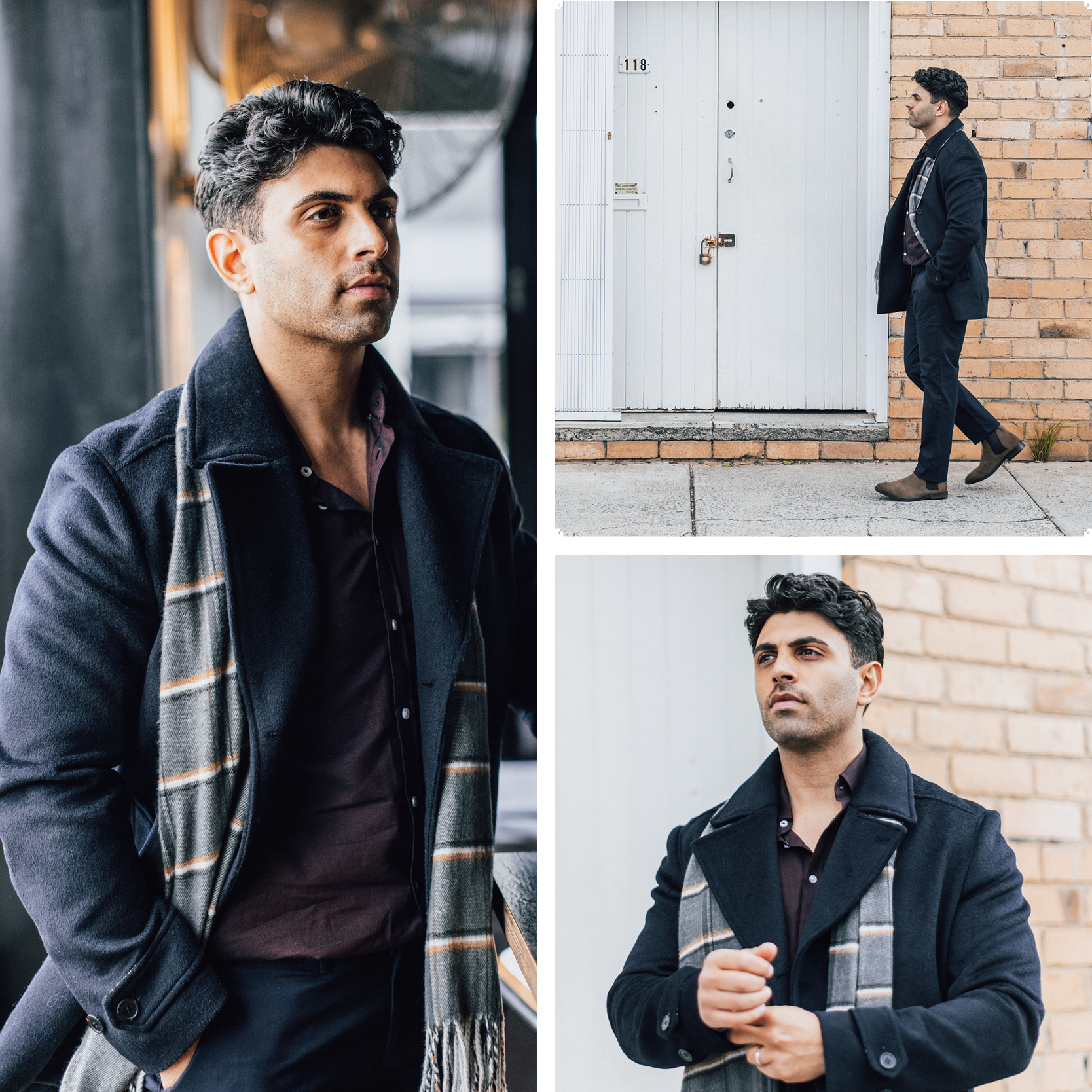 Amir Manoly in POLITIX outfit featuring the dark navy Arkin Peacoat Amir Manoly in POLITIX outfit featuring the dark navy Arkin Peacoat