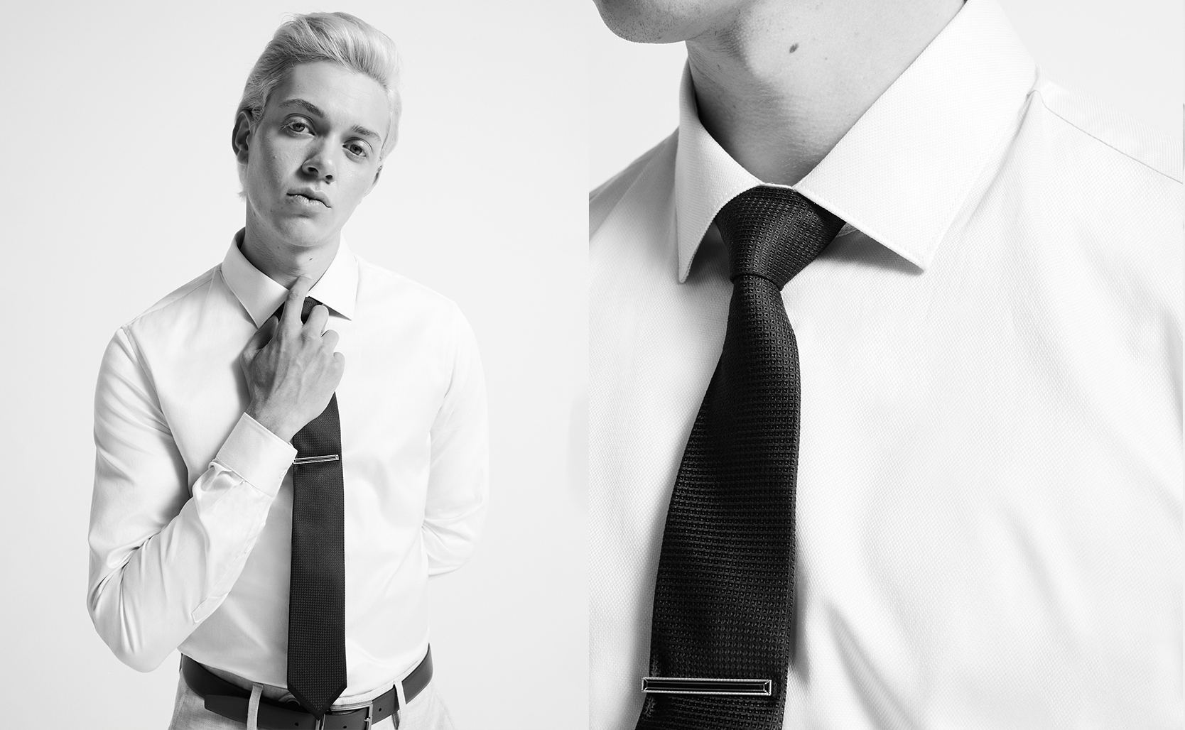 The Slim Fit Black and white image of model wearing our Slim Fit Shirt