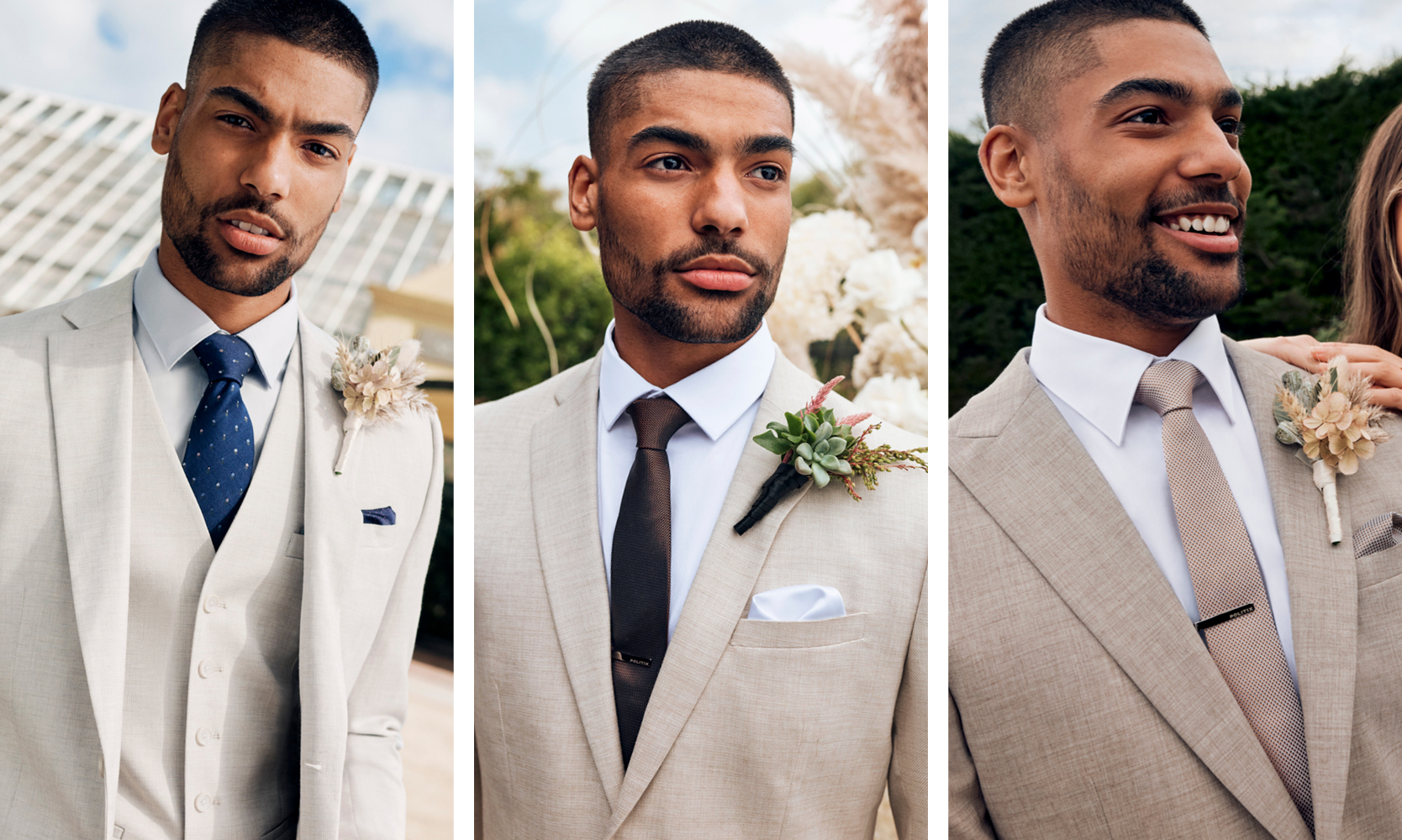 Your guide to looking fresh for a spring wedding Collage image of different POLITIX neutral suits in Stone, Natural and Fawn