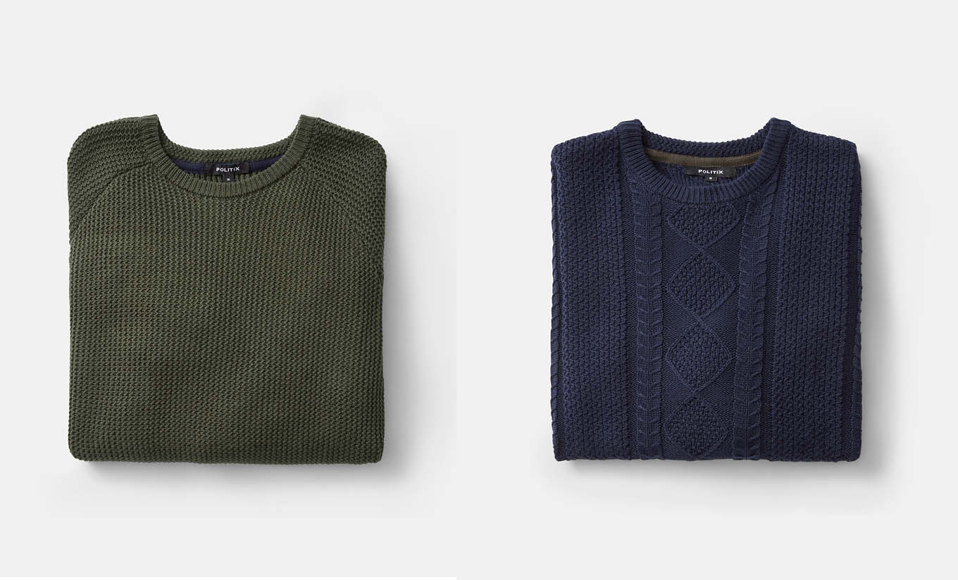 Navy and khaki knitwear jumper flatlay Navy and khaki knitwear jumper flatlay