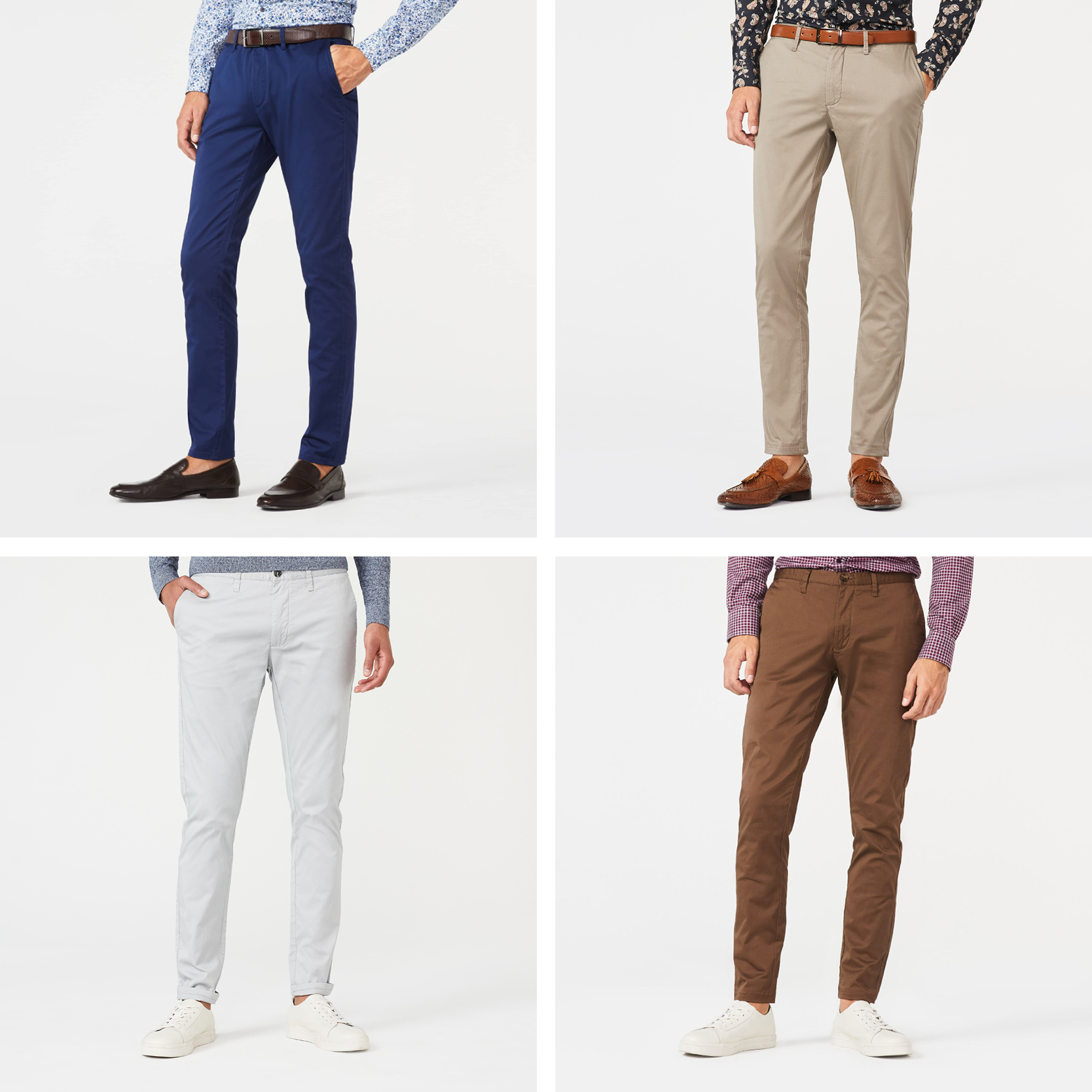 Collage of different colour winter Chinos: Light Brown, Navy, Cocoa and Grey