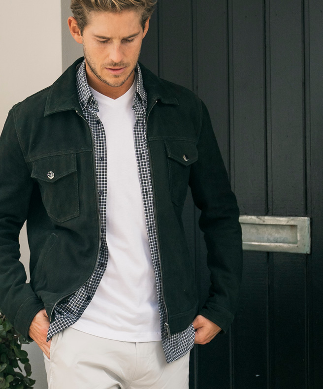 The bespoke layered look featuring the Jaxon Suede Jacket in detail The bespoke layered look featuring the Jaxon Suede Jacket in detail