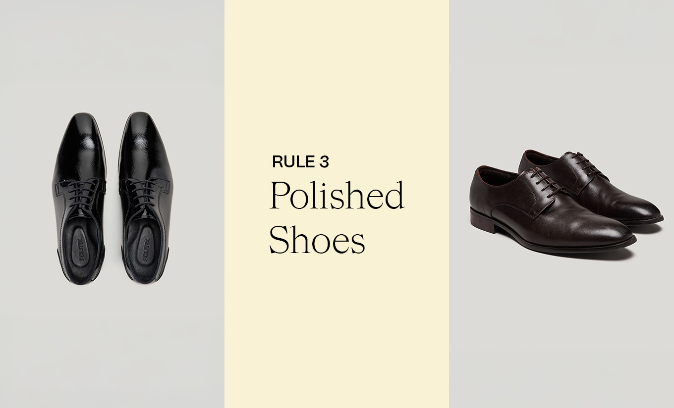 Two pairs of polished POLITIX men’s dress shoes: one in sleek black leather and the other in rich brown. Text overlay reads ‘Rule 3: Polished Shoes,’ highlighting the importance of clean, refined footwear for spring dressing.