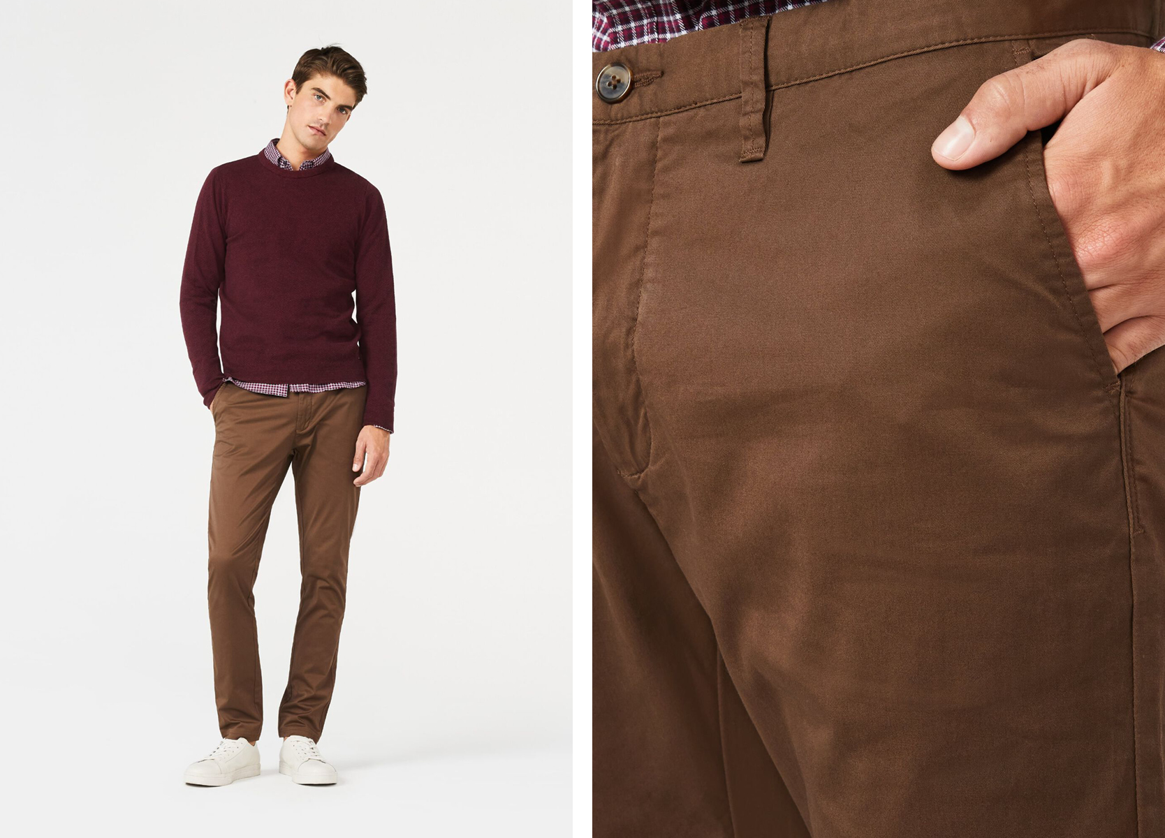 Side by side images of cocoa winsor ultra slim chinos with close up