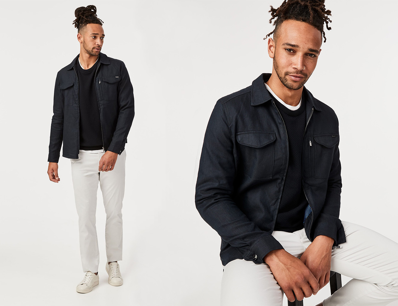 Model wearing a navy Politix shacket Model wearing a navy Politix shacket