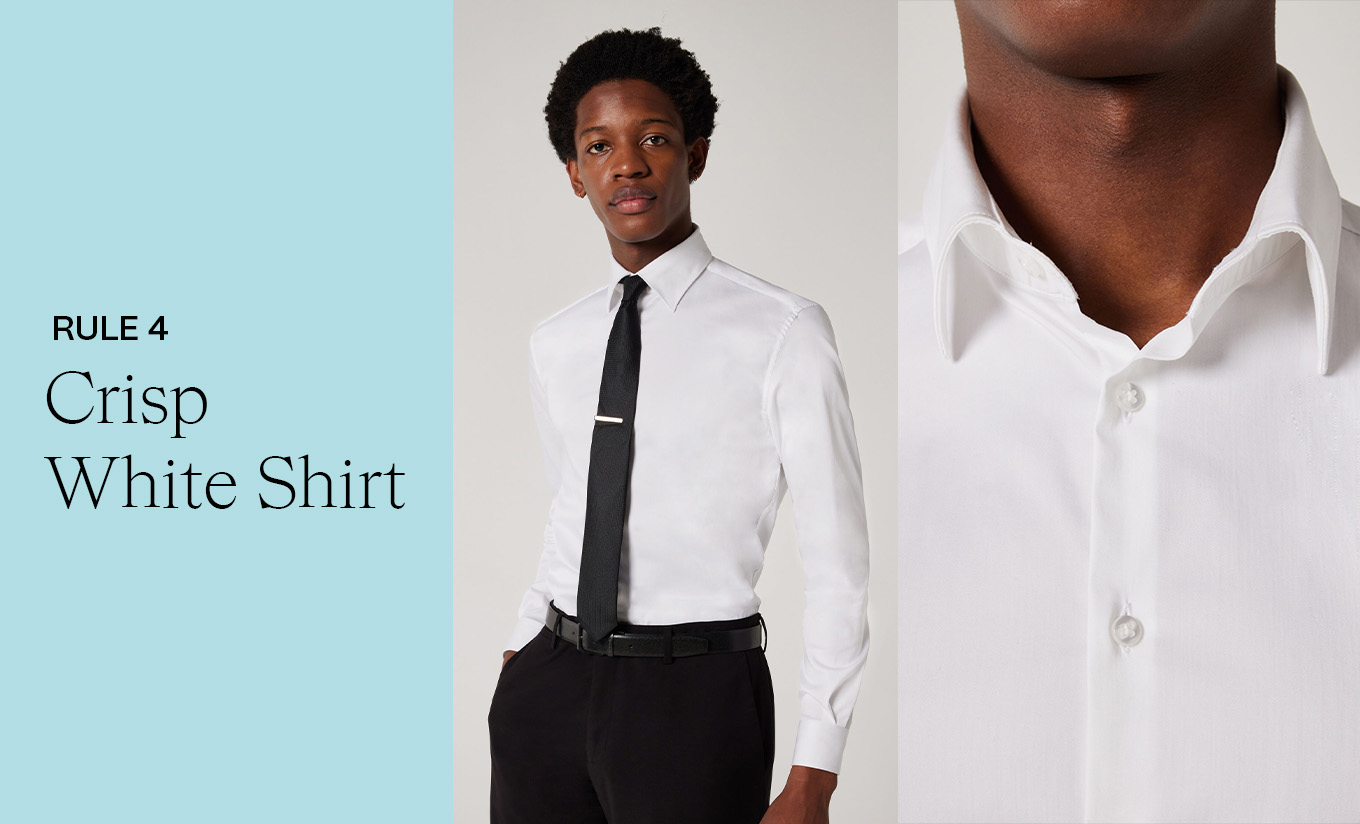 A man wearing a crisp white POLITIX shirt paired with a black tie and trousers, embodying a sharp, tailored spring look. Text overlay reads ‘Rule 4: Crisp White Shirt,’ reinforcing the timeless importance of a clean, structured shirt in spring dressing.