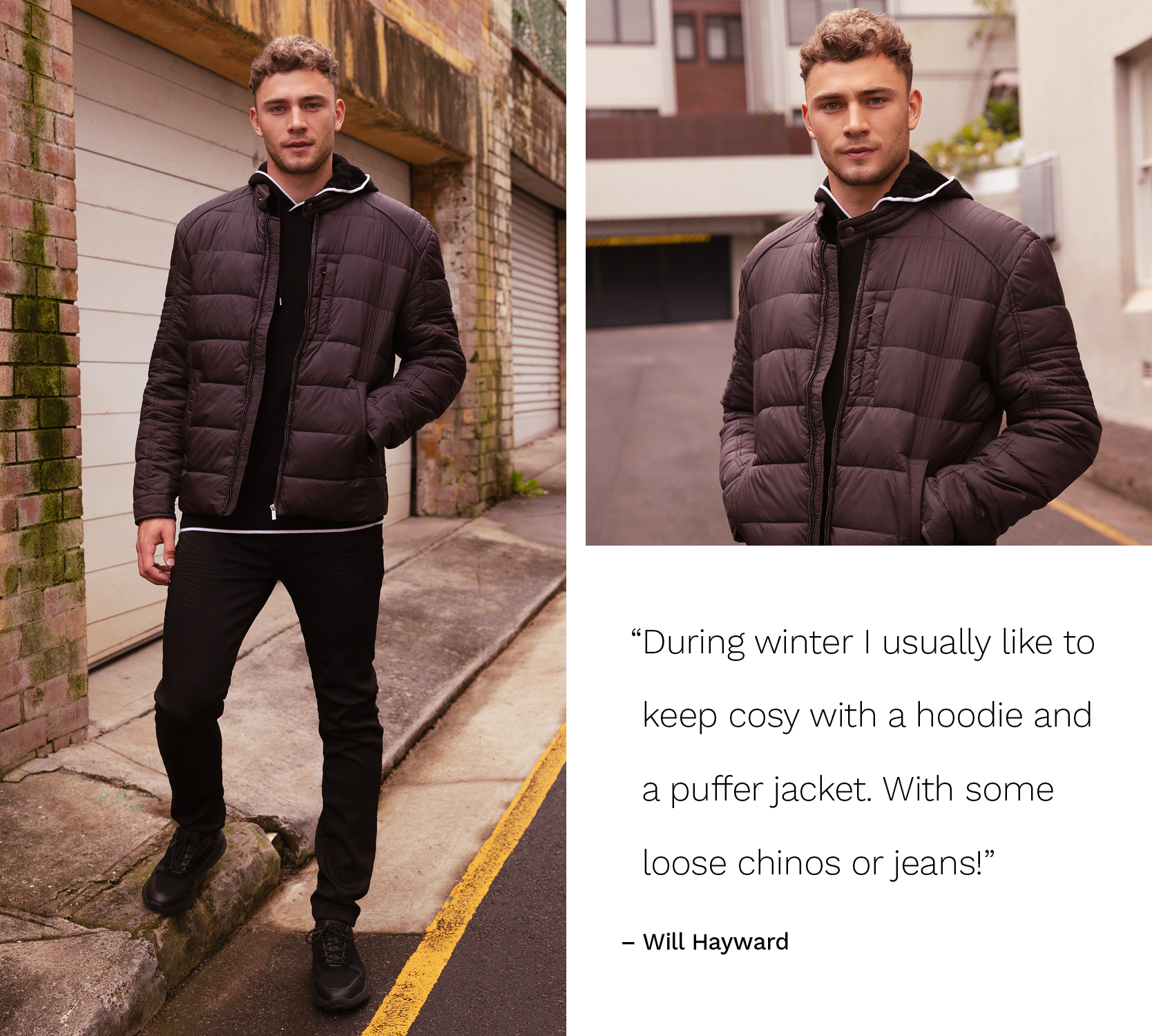 Will Hayward outside wearing black puffer jacket, black knit hoodie, black jeans and boots