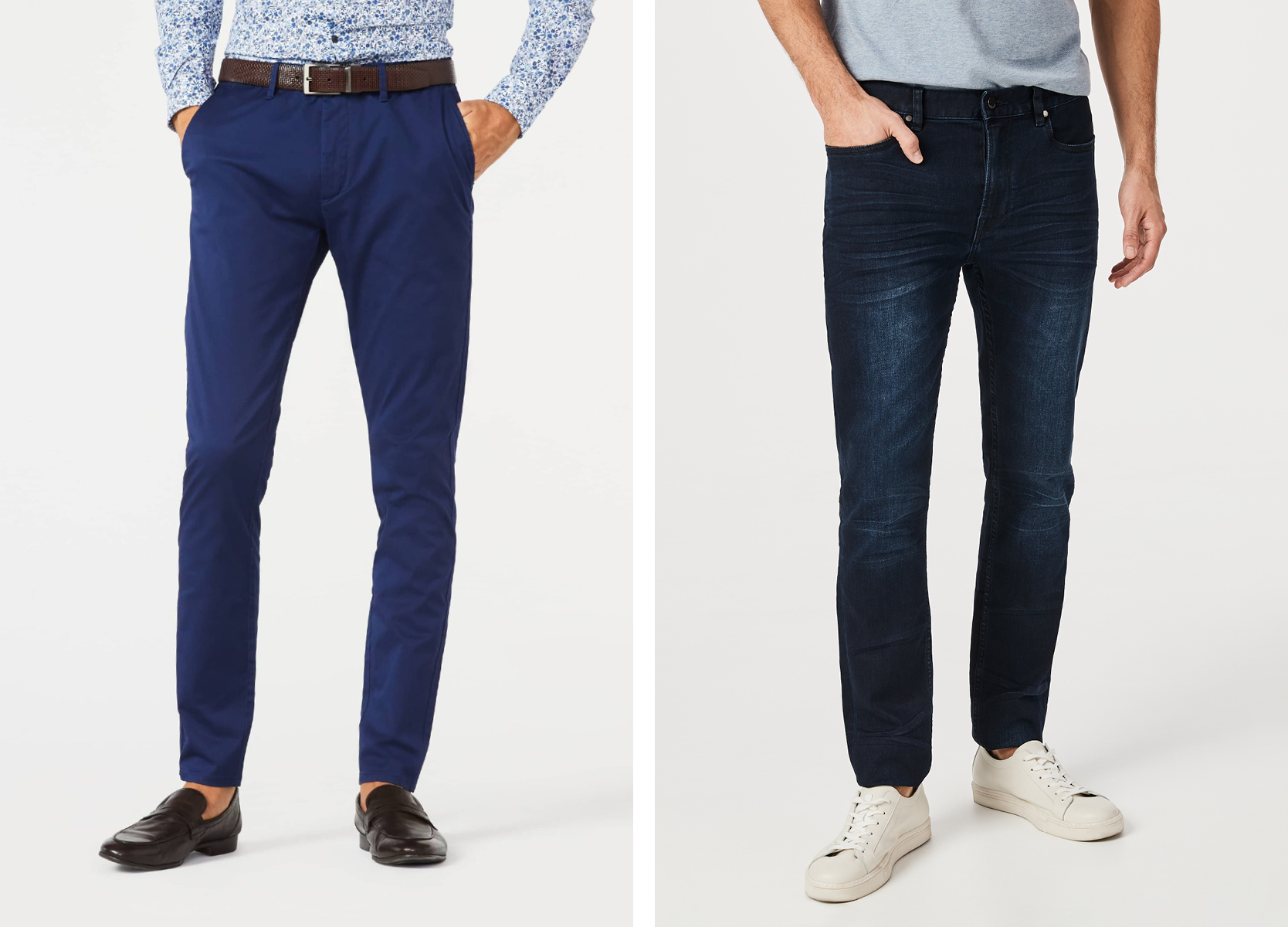 Side by side image of dark blue chinos vs. dark indigo jeans