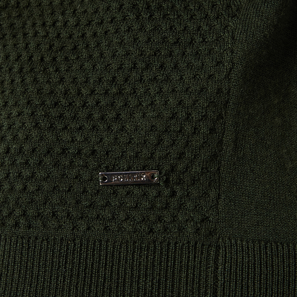 POLITIX Sullivan Wool Cashmere Blend Knit Fabric Closeup swatch image of Khaki SUllivan Knit featuring metal POLITIX tag