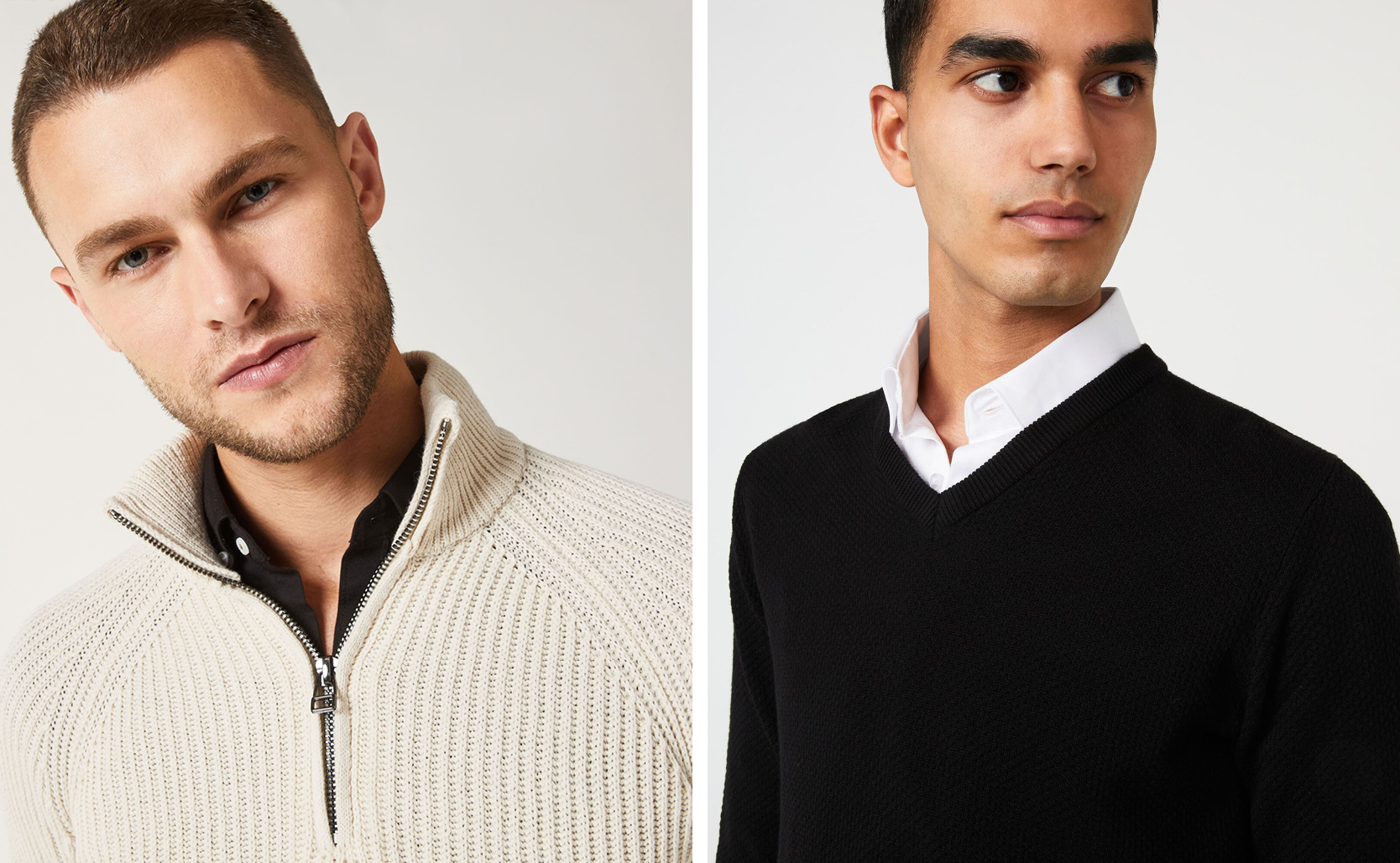 POLITIX Business Knitwear Models wearing wearing POLITIX Stinton V neck knit and Debron chunky rib knit