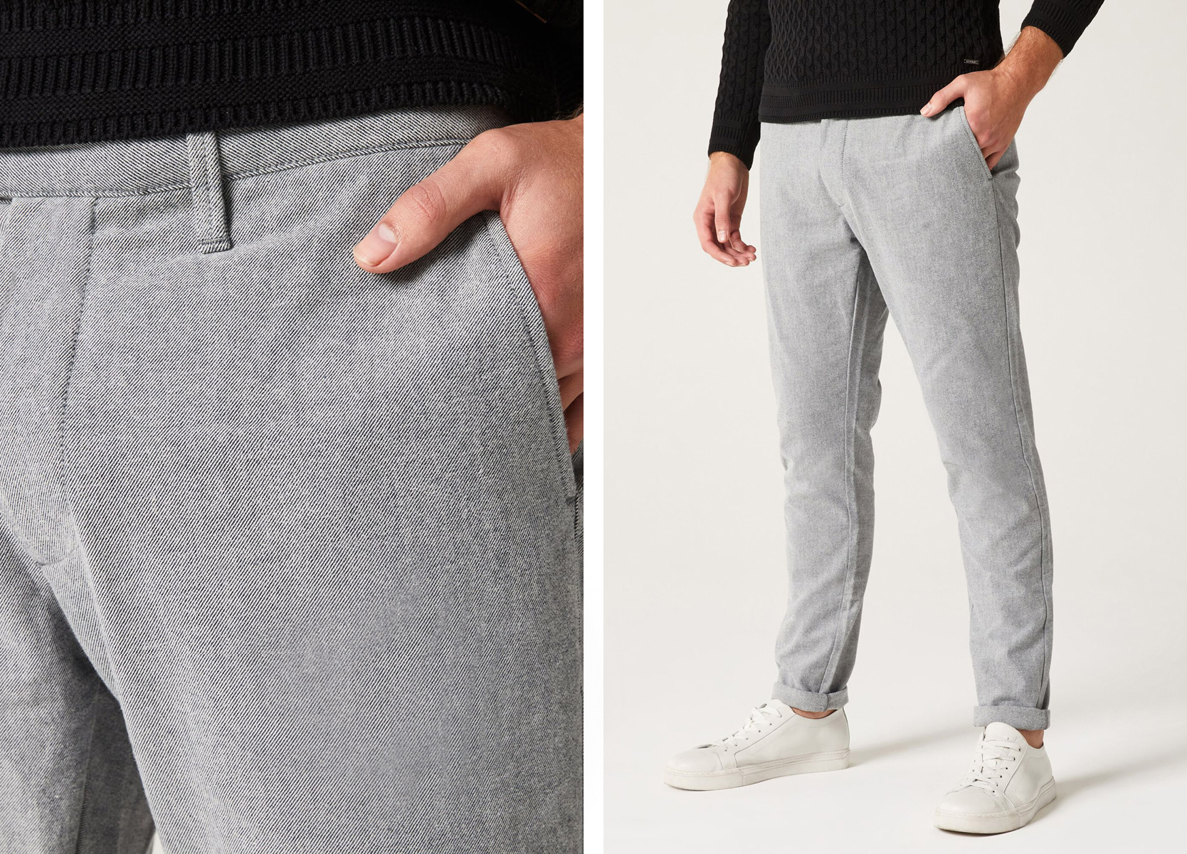 Model wearing grey specialty cotton twill chino and closeup