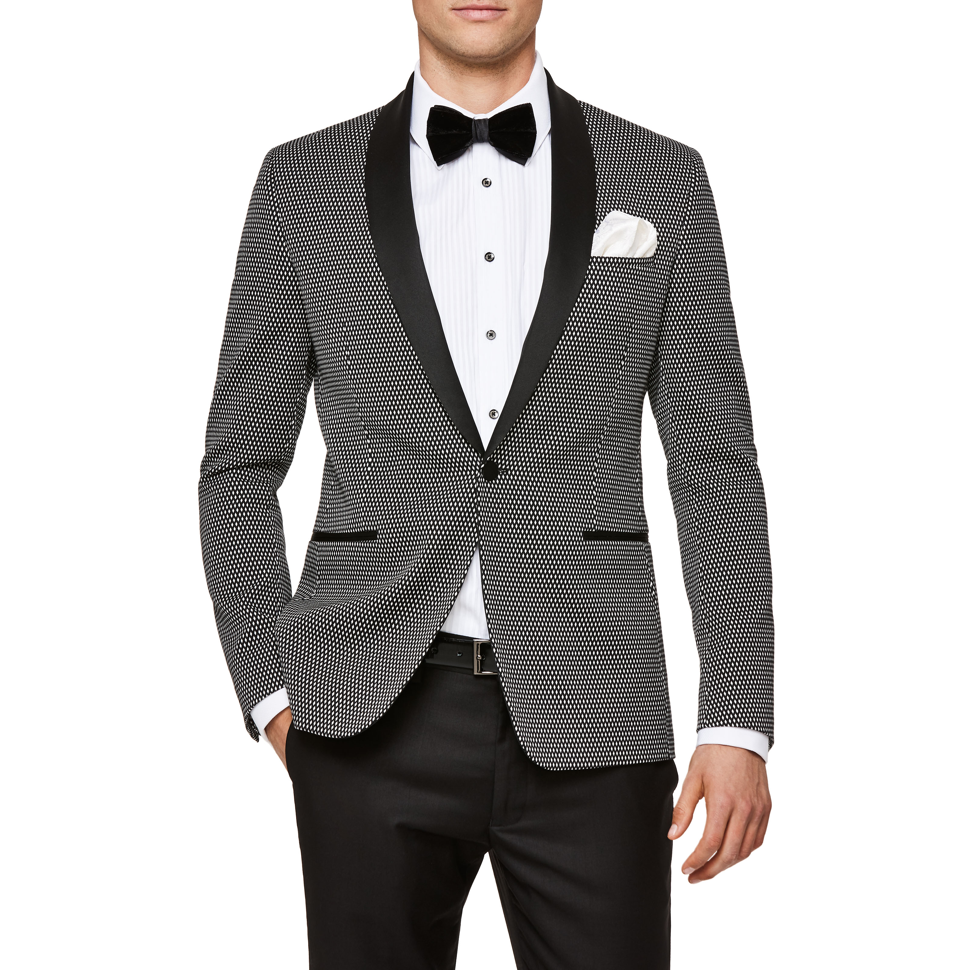 white and black tuxedo jacket